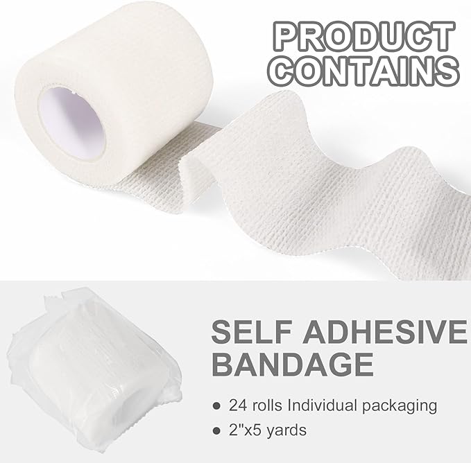 24 Pack Self Adhesive Bandage Wrap 2 Inch, White Medical Tape Elastic Cohesive Bandage Rolls Self Adherent, Self Sticking Tape First Aid Gauze for Sports, Leg, Knee, Ankle, Swelling, Wrist Sprains-PawvioPets