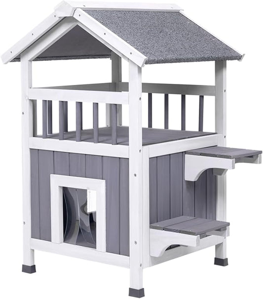 GEGURI Outdoor Cat House Weatherproof, Wooden Two-Story Feral Cat Shelter with, Escape Door, Balcony-PawvioPets