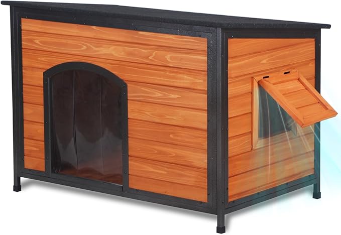Dog House Outdoor Weatherproof 43.3" L Chew Proof Dog Kennel for Small Medium Large Dogs with Strong Metal Chew Proof Frame Raised Design-PawvioPets