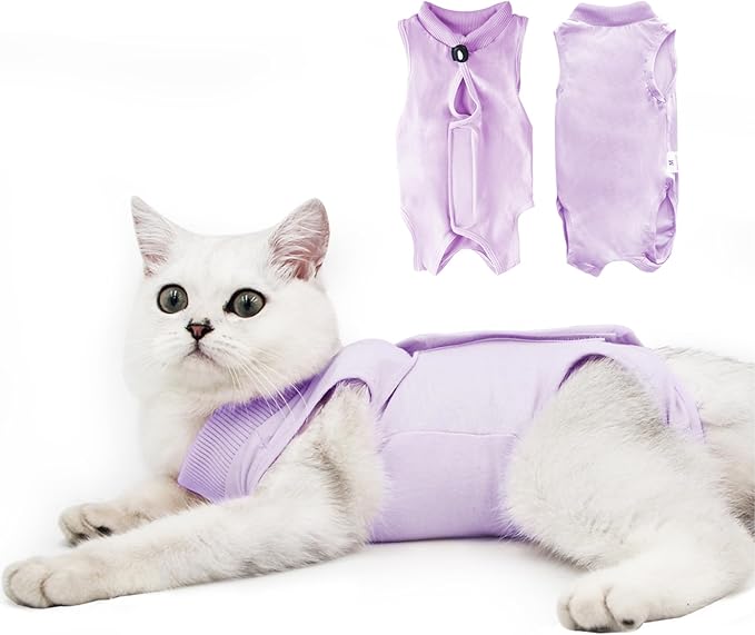 DOTON Cat Recovery Suit for Male and Female Surgical Post Surgery Soft Cone Onesie Shirt Clothes Neuter Licking Protective Diapers Outfit Cover Kitten Spay Collar(S, Purple)-PawvioPets