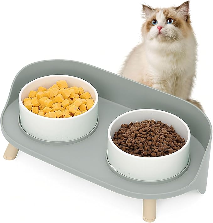 Elevated Dog Bowls Set, Ceramic Pet Food & Water Bowls with Non-Slip Stand, No Spill Design for Cats/Small Medium Dogs Gray-PawvioPets