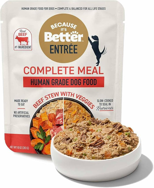 Because it's Better Entrée Complete Meal, Beef Stew with Veggies, Human Grade Wet Dog Food, 10 oz Pouches, 6 Count-PawvioPets