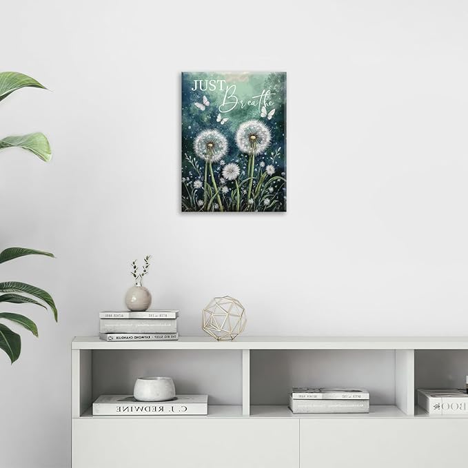 Dandelion Pictures Wall Art, Farmhouse Floral Bathroom Wall Decor, Rustic Nature Inspirational Framed Painting Butterfly White Flower Canvas Artwork for Bedroom Living Room Decorations 16"L x 12"W-PawvioPets