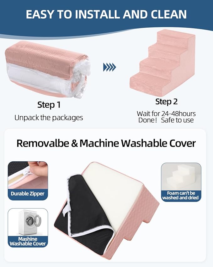 Dog Stairs for Small Dogs,22" H,5-Step Dog Steps for Bed and Couch with High Density Foam,Non-Slip Pet Steps for Doggy and Cat,Pet Stairs with a Washable Cover,Pink-PawvioPets