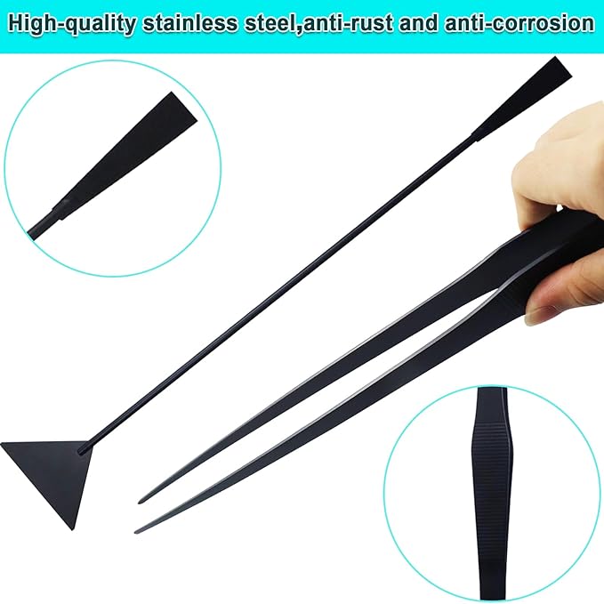 Aquarium Aquascape Tools Kit, Long 15 Inch Stainless Steel Aquatic Plants Tools, 4 in 1 Anti-Rust Black Aquascaping Tweezers Scissors Spatula Scrapers Tool Set for Fish Tank Cleaning Plant Trimming-PawvioPets