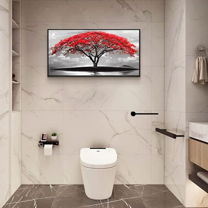 Framed Canvas Wall Art For Living Room Bathroom Wall Decor Black And White Landscape Red Tree Moon Scenery Hang Painting Home Decorations For Office Bedroom Kitchen Works Canvas Prints Pictures-PawvioPets