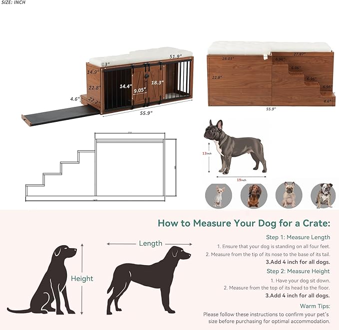 56" L Dog Crate Furniture with Padded Seat, End of Bed Bench Ottoman with Cushion, Wooden Dog Kennel with Pet Stairs & Sliding Barn Door for Bedroom, Living Room, Walnut-PawvioPets