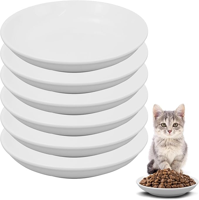 6 Pack Cat Food Bowl, Ceramic Cat Bowls, Anti Whisker Fatigue Cats Bowl,5.5 Inches Shallow Wide Kitten Plates for Food and Water (White)-PawvioPets