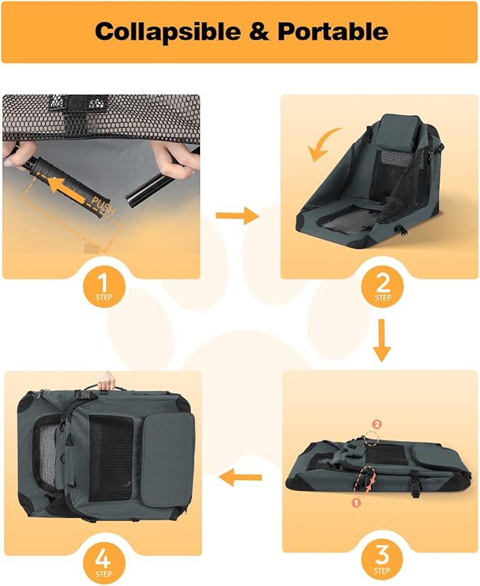 Extra Large Dog Crate with 2 Foldable Bowl, 40 Inch Collapsible Travel Dog Crate Kennel with Soft Blanket for Medium Dogs,Indoor & Outdoor (40" L x 27" W x 27" H, Grey)-PawvioPets
