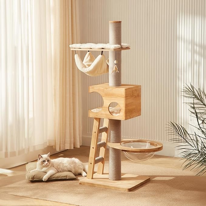63-inch Modern Cat Tree, Luxury Cat Tower with Scratching Post, Unique Cat Condo with Hammock, Heavy Duty Kitty Climbing Tree for Indoor Cat, Wooden Kitty House for Small Medium Large Cats-PawvioPets