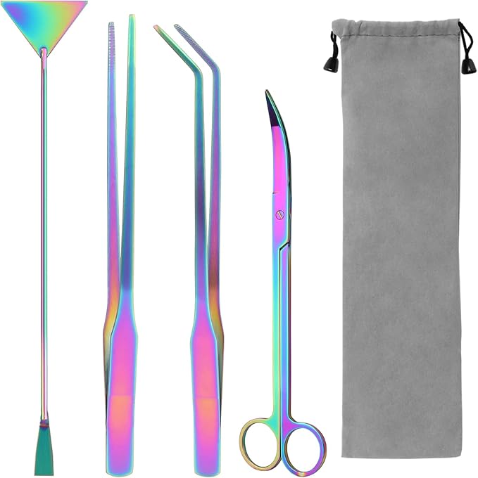Aquarium Aquascape Tools Kit 15 in, 4in1 Anti-Rust Aquatic Plant Aquascaping Tool Stainless Steel Silver Tweezer Scissors Spatula for Aquarium Tank Clean (15in, Colorful)-PawvioPets