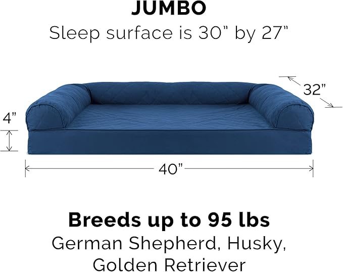 Furhaven Orthopedic Dog Bed for Large Dogs w/ Removable Bolsters & Washable Cover, For Dogs Up to 95 lbs - Quilted Sofa - Navy (Blue), Jumbo/XL-PawvioPets
