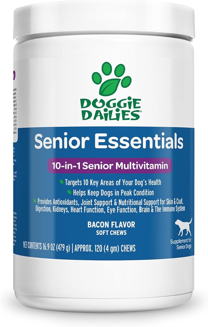 Doggie Dailies Senior Essentials Multivitamin for Dogs Soft Chews | Advanced Dog Multivitamin | Nutritional Support for Joints, Skin & Coat, Digestion, and the Immune System | Bacon Flavor | 120 Count-PawvioPets