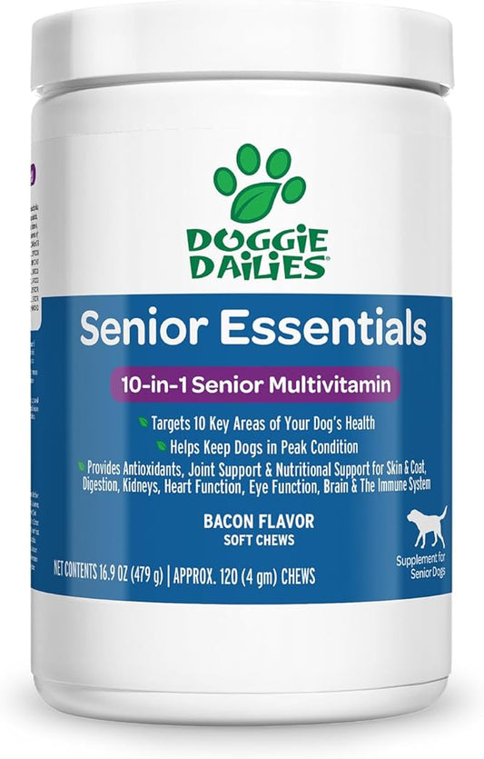 Doggie Dailies Senior Essentials Multivitamin for Dogs Soft Chews | Advanced Dog Multivitamin | Nutritional Support for Joints, Skin & Coat, Digestion, and the Immune System | Bacon Flavor | 120 Count-PawvioPets