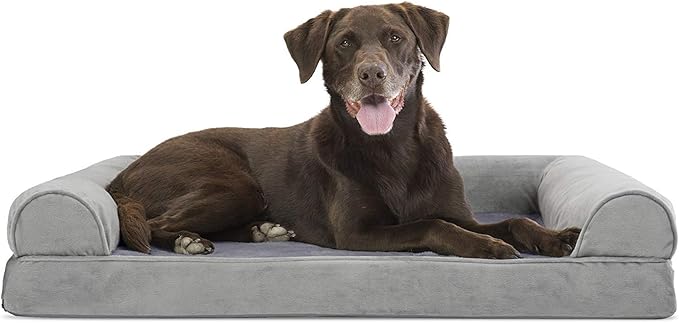 Furhaven Orthopedic Dog Bed for Large/Medium Dogs w/ Removable Bolsters & Washable Cover, For Dogs Up to 55 lbs - Faux Fur & Velvet Sofa - Smoke Gray, Large-PawvioPets