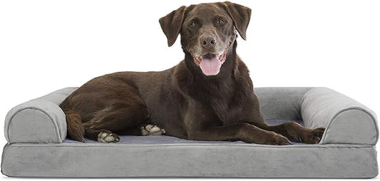 Furhaven Orthopedic Dog Bed for Large/Medium Dogs w/ Removable Bolsters & Washable Cover, For Dogs Up to 55 lbs - Faux Fur & Velvet Sofa - Smoke Gray, Large-PawvioPets