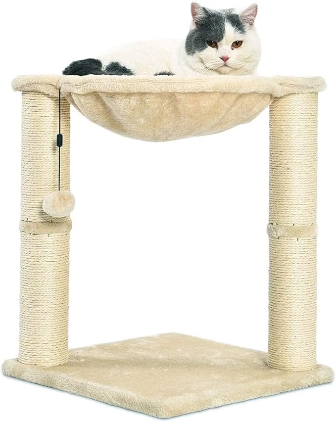Amazon Basics Cat Condo Tower with Hammock Bed and Scratching Post,Easy to Assemble,Plush Hammock,Interactive Hanging Ball,Durable Sisal Scratch Posts for Indoor Cats, 15.8 x 15.8 x 19.7 Inches, Beige-PawvioPets