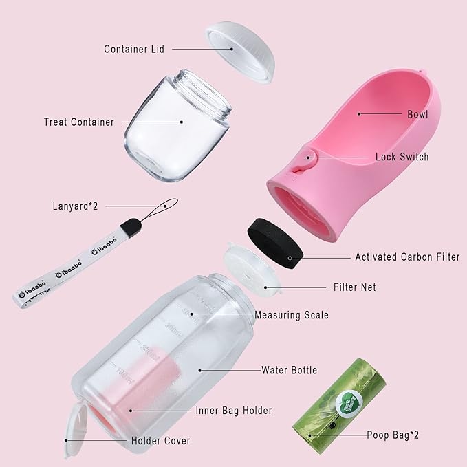 Dog Water Bottle with Food Container & Poop Bag Holder, Travel Water Bowl, Portable Pet Dispenser, Girl Dog Accessories Stuff Items Essentials Gift for Yorkie Chihuahua Walking Hiking-PawvioPets