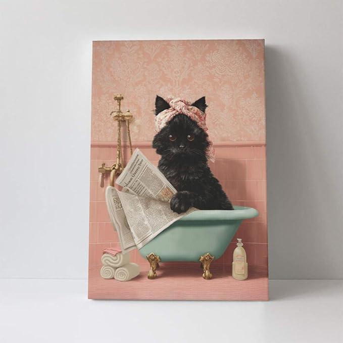 Cat Bathroom Wall Decor Black Cat Reading Newspaper in Bathtub Canvas Wall Art Funny Bathroom Pictures Kitten Painting Print Pink Artwork Framed Decorations Gifts 16"x24"-PawvioPets