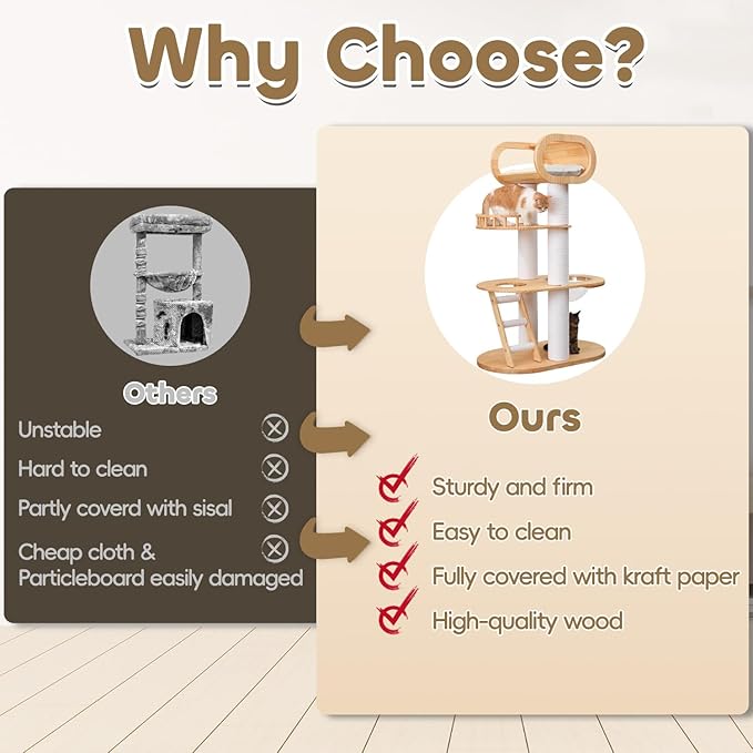 63'' Tall Modern Cat Tree for Indoor Cats, Luxury Cat Tree, Multi-Level Wood Climb Tower for Large Cat, Heavy Duty Kitty House with Transparent Bowl, Large Perches with Removable Cushion-PawvioPets