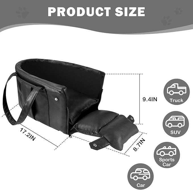 2 and 1 Center Console Dog Car Seat & Carrier for Small Dogs, Large Leather Dog Car Bed with Storage Pocket, Waterproof PVC Leather Seat Travel Bed for Front & Back Seat, Clip-On Safety Leash-PawvioPets