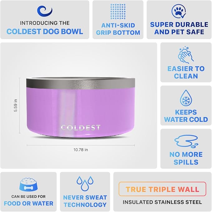 Coldest Dog Bowl - Anti Rust Metal, Non Slip, 3 Layers Insulated Stainless Steel Dog Bowls - Spill Proof & Heavy Duty - Water Bowl for Dogs, Cats, Dish Washer Safe (200 oz, Saturns Purple Glitter)-PawvioPets