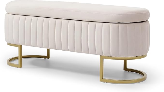 50" Sherpa Storage Ottoman Bench – Velvet Upholstered Bedroom Bench with Golden Metal Legs, Lift-Top Hidden Storage, Modern Footrest for Living Room, Entryway, Bed End (Beige)-PawvioPets