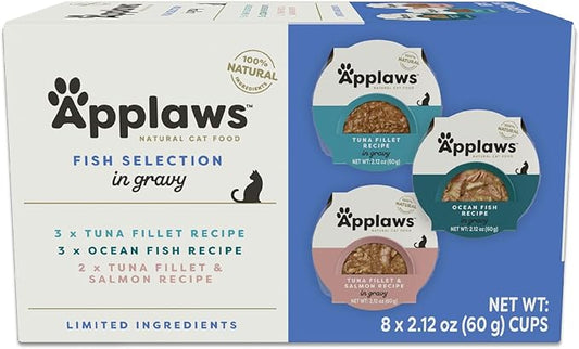 Applaws Natural Wet Cat Food in Gravy, Limited Ingredient, Grain-Free, No Artificial Cat Food Cups, Fish Selection in Gravy (18x 2.12 oz Cups)-PawvioPets