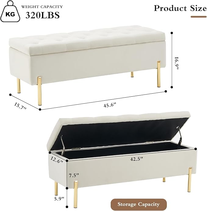 45.6 Inch Velvet Storage Bench Upholstered Tufted Settee Ottoman Bench with Storage, Bed End Bench with Soft Close Lid, for Bedroom, Living Room, Entryway, Rectangular Accent Bench, Beige-PawvioPets