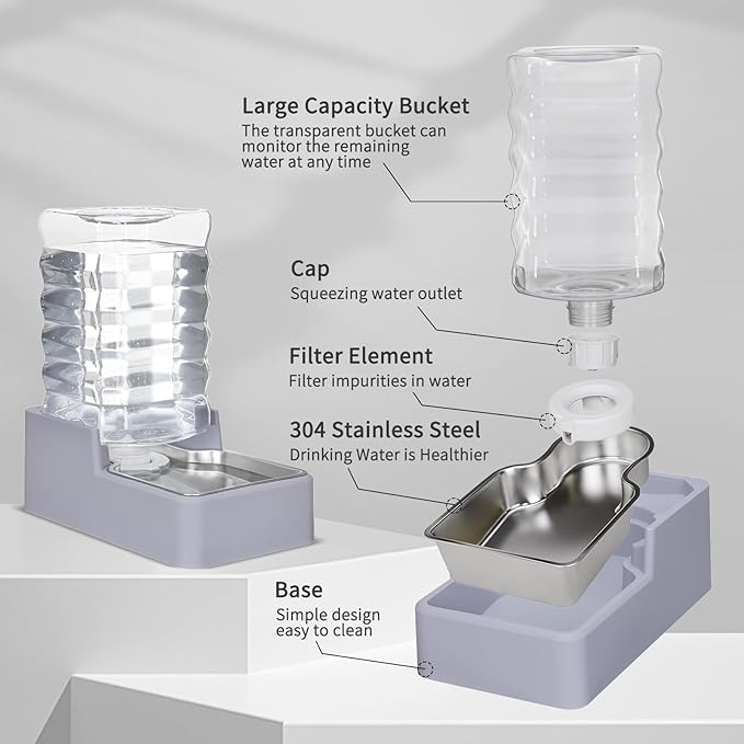Automatic Pet Water Dispenser: 8L Light Gray Gravity Feeder with Stainless Steel Bowl - BPA-Free for Dogs Cats - No Spill Design-PawvioPets