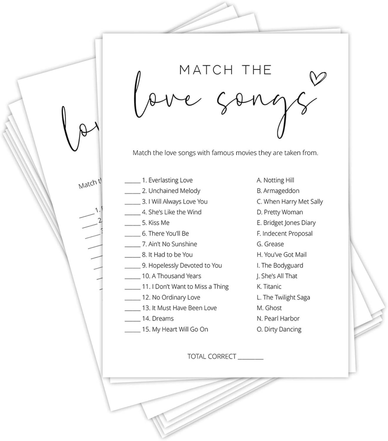 Bridal Shower Games, Match the Love Songs, 25Pcs Minimalist White Double-Sided Bridal Game Cards with 1 Answer Key, Wedding Shower Games for Guests, Engagement Bachelorette Party Supplies - A02