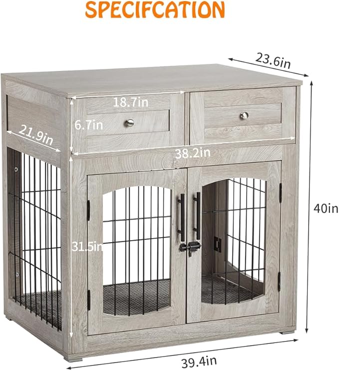 Dog Crate Furniture for Large Dogs, Wooden Dog Kennel Indoor with Double Doors, Dog Cage with Cushion & Drawers, Dog House Side End Table for Large Medium Dogs up to 70 lb, 39.4” L, Grey-PawvioPets