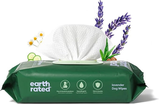 Earth Rated Dog Wipes, Hypoallergenic, Cleaning and Hydrating, for Grooming Paws, Body and Butt, Lavender Scented, 100 Count-PawvioPets