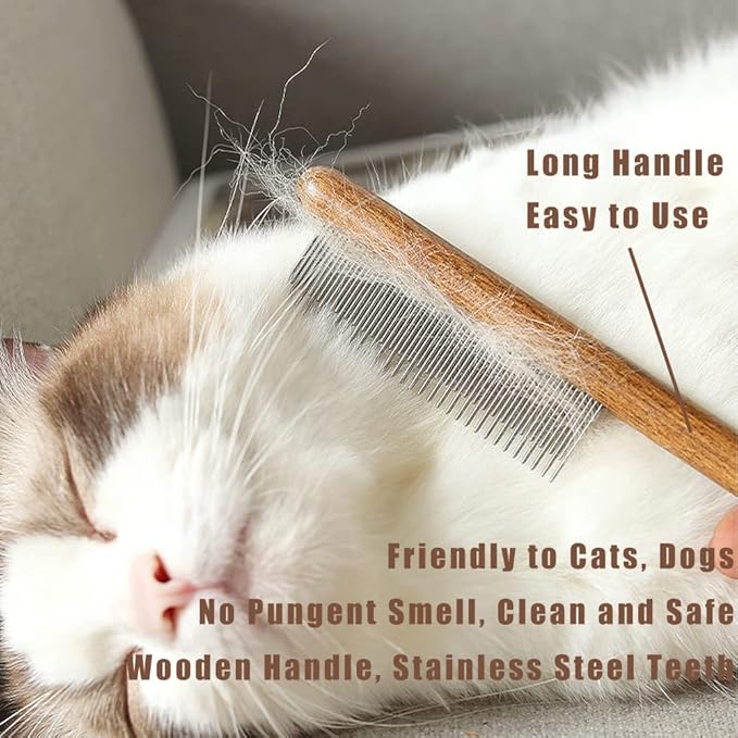 Dog Cat Comb with Solid Wood Handle Stainless Steel Teeth, Professional Pet Grooming Supplies Accessories Perfect for Honghair Hairy Pets-PawvioPets
