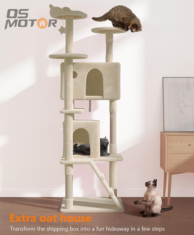 77'' Cat Tree Tower for Indoor Cats Large Adult, Cute/Tall Modern Cat Tree for Big Cats 20 lbs, Plush Multi-Level Cat Condo with Scratching Posts, Dangling Ball for Fun Play (Beige, 77 inch)-PawvioPets