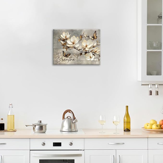 Floral Magnolia Bathroom Pictures Wall Art, Just Breathe Bathroom Wall Decor, Flower Butterfly Framed Painting Canvas Artwork for Bedroom Living Room Decorations 20"L x 16"W-PawvioPets