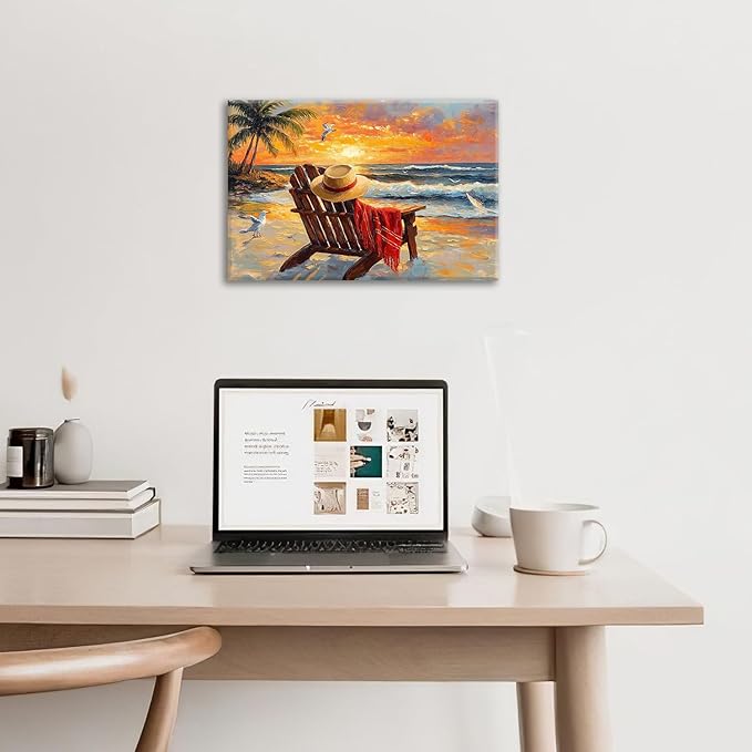 Beach Coastal Bathroom Pictures Wall Art, Seaside Ocean Bathroom Wall Decor, Sunrise Palm Framed Painting Canvas Artwork for Bedroom Living Room Decorations 24"L x 16"W-PawvioPets