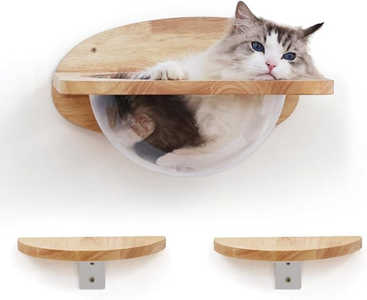 FUKUMARU Cat Wall Furniture Set, Transparent Capsule Kitten Walls Shelves with 2 PCS Pedals - Premium Kitty Bed for Sleeping, Playing, Climbing, and Lounging - Easily Holds Up to 35 Lbs-PawvioPets
