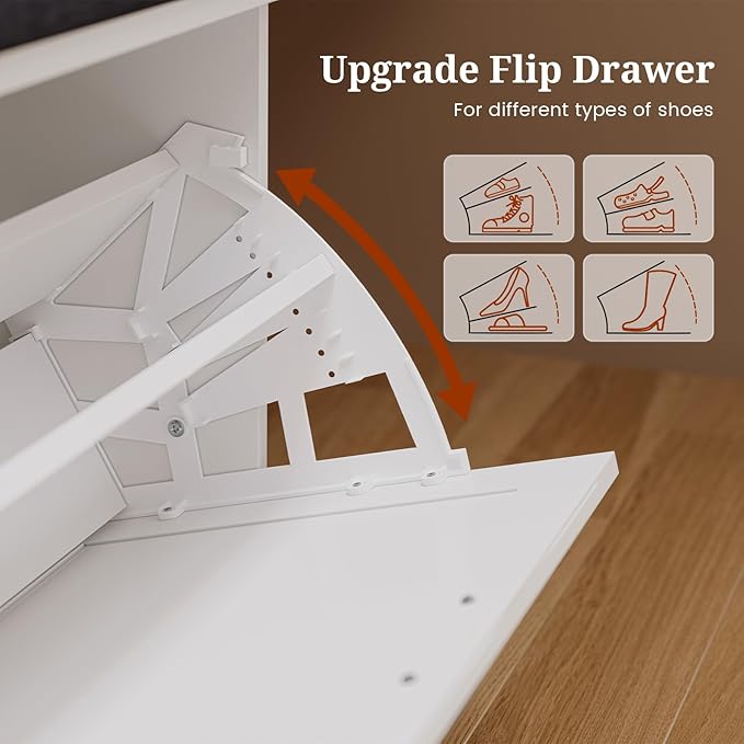 Farmhouse Storage Bench with Flip Drawers & Padded Seat Cushion, Half Hidden Shoe Rack Organizer, Adjustable Shelf Shoe Cabinet for Large Family, Entryway, Bedroom, Living Room (White)-PawvioPets