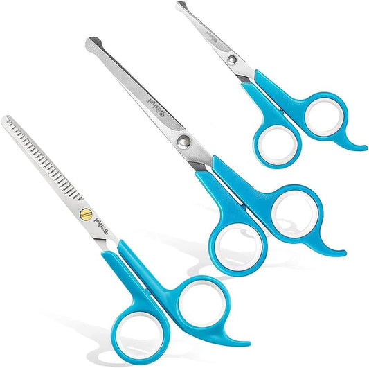 BOSHEL 3 Pc Dog Grooming Scissors Kit - 7" Scissor For Body Hair Trimming, 6" Small Micro-serrated Scissor For Face, Ear, & Paws, Thinning Shears For Dogs - Professional Dog Grooming Kit For Cat & Pet-PawvioPets