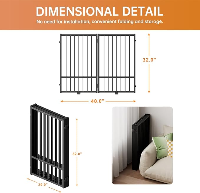Full Metal Freestanding Dog Gate with Door, 32''Height Foldable Pet Dog Fence for Indoor & Outdoor, 2 Panels Extra Wide Free Standing TallDog Gates for Doorways,House,Stairs,Porch,Deck,Yard-PawvioPets