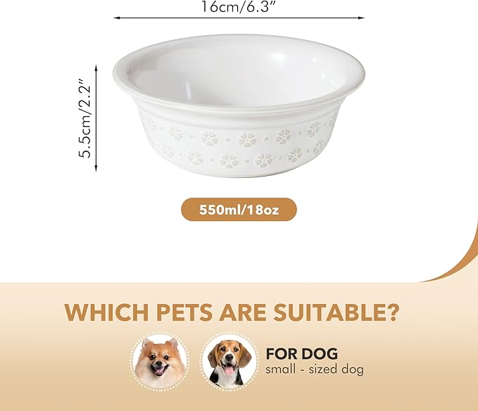 6.3inch Ceramic Set of 2 Dog Bowls, Food and Water Bowls for Small and Medium Dog, 2pcs Basic Dog Bowl, Wide Opening Rounded Edge (2 Bowls, Reactived Glaze -White)-PawvioPets