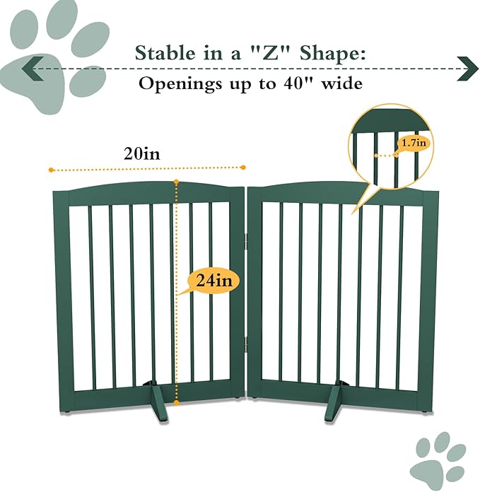 Freestanding Pet Gate for Dogs, Foldable Wooden Dog Gate for House, Stairs, Doorways, Step Over Pet Puppy Safety Fence,Support Feet Included,24" Height 2 Panels, Green-PawvioPets