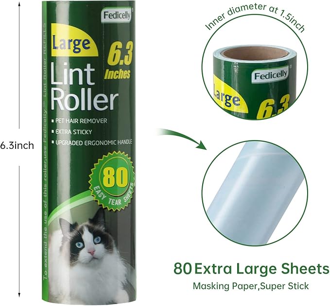 Floor Lint Rollers Pet Hair Extra Sticky with Retractable Long Handle,Large Cat Dog Hair Remover Laundry Clothes Carpet Furniture,6.3 inches Wider with 640 Sheets Giant Lint Remover Brush for Couch-PawvioPets
