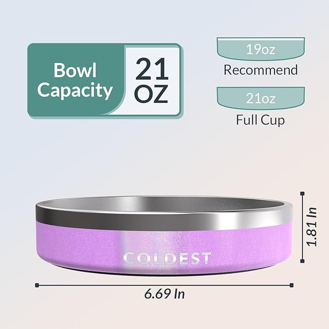 Coldest Dog Bowl - Anti Rust Metal, Non Slip, 3 Layers Insulated Stainless Steel Dog Bowls - Spill Proof & Heavy Duty - Water Bowl for Dogs, Cats, Dish Washer Safe (21 oz,Saturn's Moon Purple Glitter)-PawvioPets