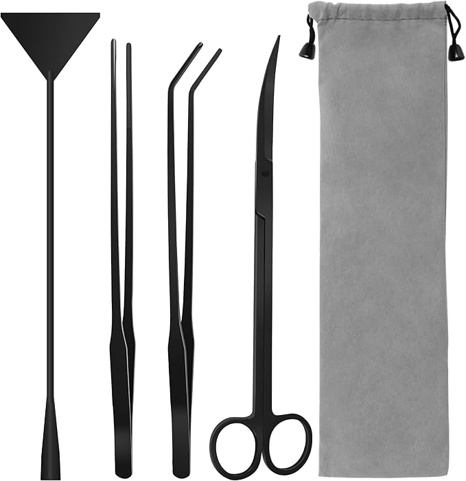 Aquarium Aquascape Tools Kit, 4 in 1 Anti-Rust Aquatic Plant Aquascaping Tool Stainless Steel Black Tweezers Scissors Spatula for Aquarium Tank Clean Fish Tank Aquascape Tools Sets (Black)-PawvioPets