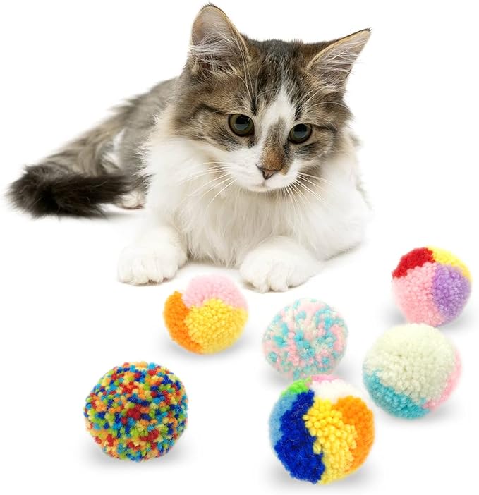 Andiker 6 Pcs Assorted Color Cat Ball Toys, Woolen Yarn Puffs Cat Pom Pom Balls Interactive Kitten Chasing Toys-PawvioPets