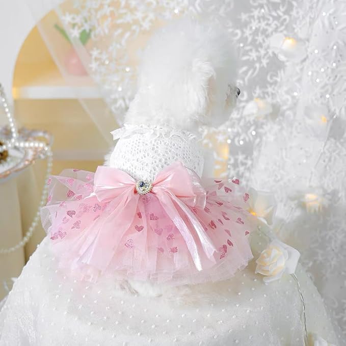 Dog Princess Dress with Heart Patterns & Bow Puppy Clothes for Small Dogs Girl Fancy Cat Birthday Outfit Pet Wedding Dresses(Pink White, Large)-PawvioPets