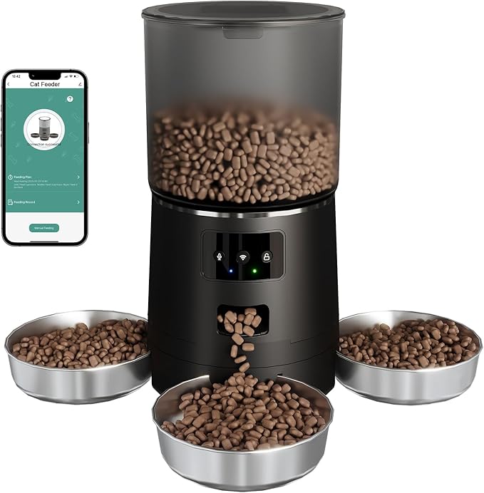 3-Cat Automatic Pet Feeder, 6L WiFi Cat Food Dispenser with APP Control, 1-10 Meal Programmable, Voice Recorder, Smart Alerts, Stainless Steel Bowls for Cats and Small Dogs (Black)-PawvioPets