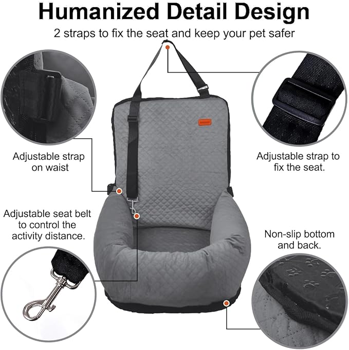 Dog Car Seat for Small Medium Dogs Up to 40lbs, Detachable Washable Soft Pet Booster Travel Bed for Front & Gray Seat with Safety Leash Belt-PawvioPets
